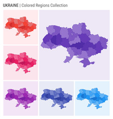 Ukraine map collection. Country shape with colored regions. Deep Purple, Red, Pink, Purple, Indigo, Blue color palettes. Border of Ukraine with provinces for your infographic. Vector illustration.