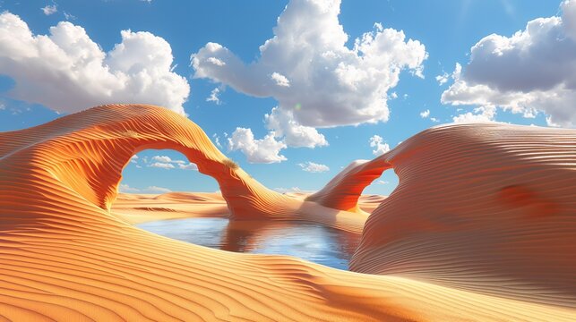 An abstract panoramic background depicting a desert landscape with sand dunes, water, and arches underneath a blue sky with white fluffy clouds.