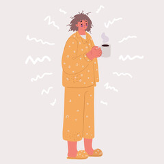 Cartoon vector illustration of woman with mug of beverage. NO good morning. Exhausted person