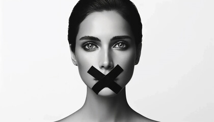 A woman with black tape in an X shape across her mouth, hollow eyes set against a pure white background representing forced fear silence not speaking up model entertainment industry