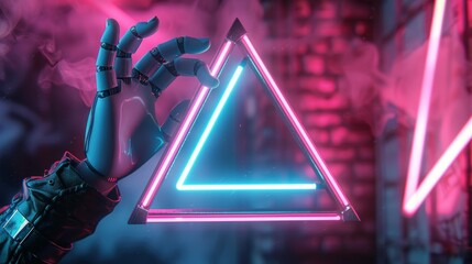 An abstract 3D render of a mannequin holding a triangle glowing with pink and blue neon light. A futuristic wallpaper of technology in the near future. - obrazy, fototapety, plakaty