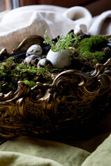 A massive bronze vase on legs with moss, greenery sprouted in an egg. A new life - 778415206