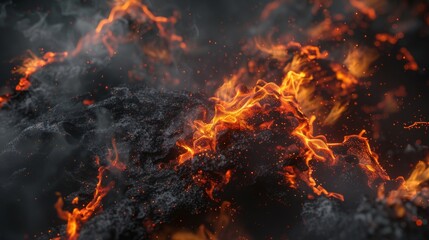 Rendering in 3D, abstract black background with blazing fires
