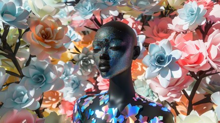 Female mannequin with square geometric shape, colored holographic foil texture, decorated with paper flowers. Modern fashion concept.