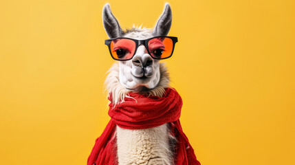 Fototapeta premium Llama wearing sunglasses and scarf with a smug expression on yellow background