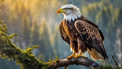 Fototapeta premium Majestic bald eagle perched on a branch during golden hour in a serene forest setting