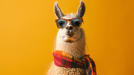 Obraz premium Llama wearing sunglasses and scarf with a smug expression on yellow background