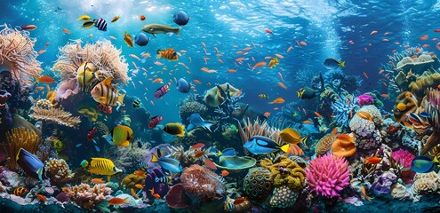 a group of fish swimming in a coral reef