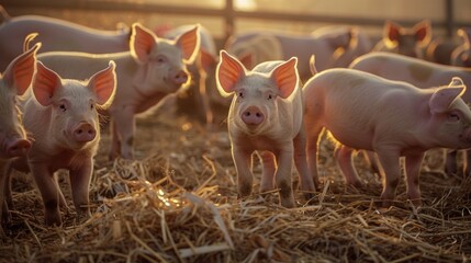 A Herd of Young Pigs Indoors - obrazy, fototapety, plakaty
