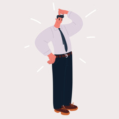 Cartoon vector illustration of Closeup portrait of young business man scratching head, thinking daydreaming deeply about something, looking up. Human facial expressions, emotions, feelings, signs