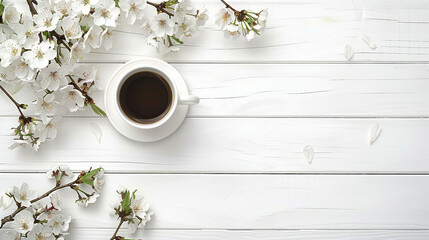 Fototapeta na wymiar White Wooden Table with Cherry Blossoms Branch and Coffee Cup - Minimalist Workspace Flatlay Concept with Copy Space for Creative Design Mockups