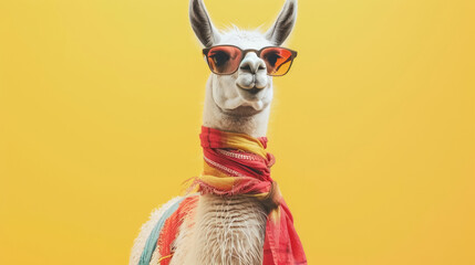Fototapeta premium Llama wearing sunglasses and scarf with a smug expression on yellow background