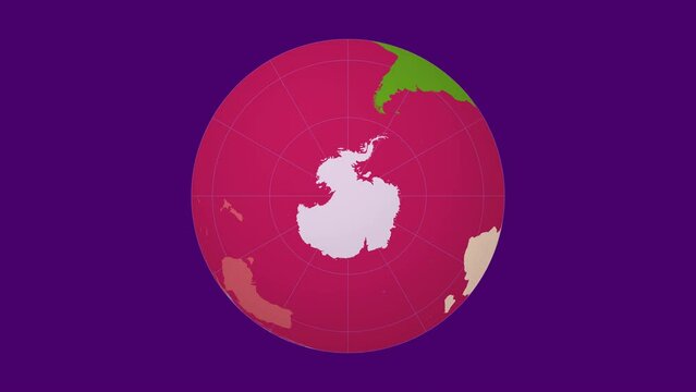 Rotating globe. South pole sphere view. Fast speed planet rotation. Colored continents style. World map with graticule lines on Indigo background. Nice animation.
