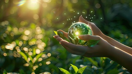 A 3D-rendered hand holding a planet Earth bursting with green life