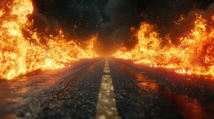 Foto op Canvas A 3D render of blazing flames and a road on fire over a black background © Mark