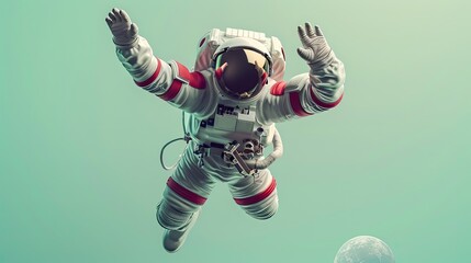 An astronaut in a white suit floating on a green plain background. - obrazy, fototapety, plakaty