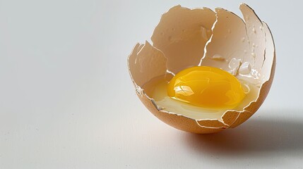 Cracked open egg shell containing a yellow yolk inside on a white background - obrazy, fototapety, plakaty
