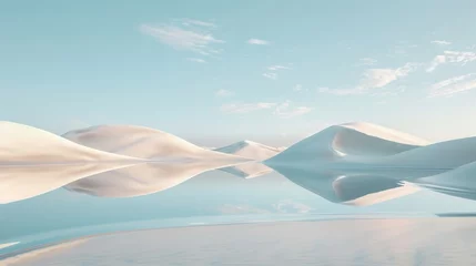 Fotobehang Wallpaper with abstract design. A desert landscape with sand dunes, calm water, and mirror shapes is surrounded by a clear blue sky. © Mark