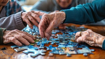 Elderly hands with puzzle pieces on the table, memory training concept.