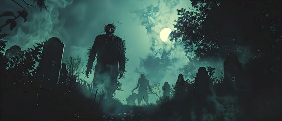 Minimalist Nocturne: Zombie Silhouettes in Moonlit Graveyard. Concept Halloween Photoshoot, Spooky Silhouettes, Moonlit Night, Zombie Apocalypse, Minimalist Style