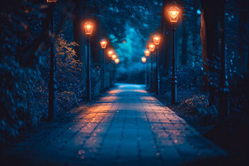 A dimly lit path runs parallel to a brightly illuminated road, a metaphor for envy - obrazy, fototapety, plakaty