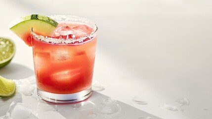Watermelon and lemon cocktail in glass, garnished with fruit slices, on white background, studio...