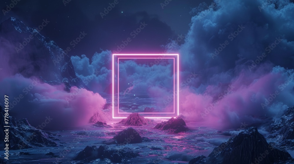 Poster stunning 3d rendering. abstract neon background with glowing square frame, storm clouds and mountain