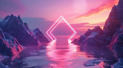 Deurstickers Stunning 3D rendering of a glowing neon rhombus over the mystic landscape, sunset or sunrise. Elegant, minimal abstract background. © Mark