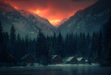 a group of houses in front of a lake with snow covered mountains