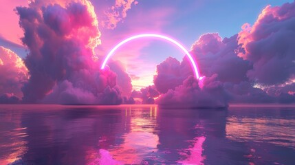 A great scenery wallpaper with fluffy clouds above the calm water, rounded mirror, and neon arch. - obrazy, fototapety, plakaty