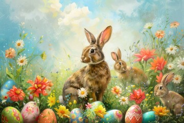 Two rabbits are lounging in a grassy field adorned with colorful Easter eggs and vibrant flowers....