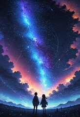 Fototapeta premium Three people enjoy the starry sky under the electric blue dusk