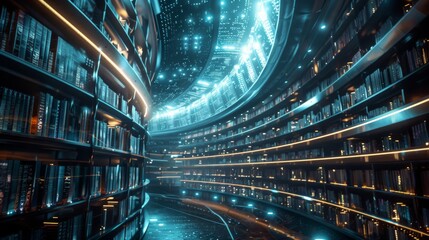 Futuristic Library with Holographic Books and AI Librarians.