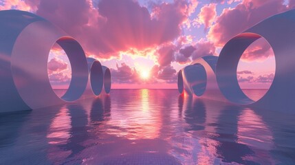 Stunning panorama display with a 3D render, abstract fantasy background. A calm seaside under a pink sky and clouds with round mirrors.