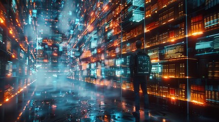 Futuristic Library with Holographic Books and AI Librarians.