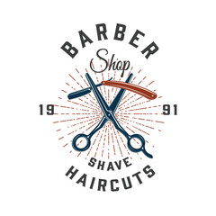 Colored vintage barbershop logotypes set