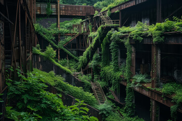 Abandoned coal mine overgrown with greenery - obrazy, fototapety, plakaty