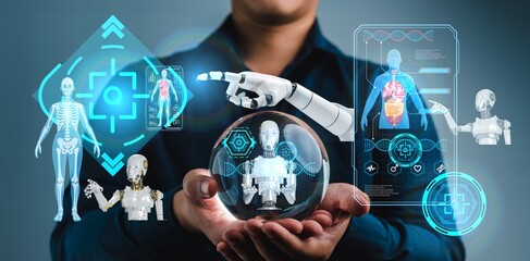 A person is holding a ball with a robot on it. The robot is surrounded by other robots and a skeleton. The image conveys a futuristic and technological atmosphere