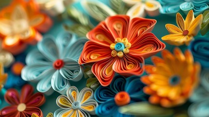 1970s Flower Power Quilling Paper Art Piece with Intricate Flowers and Vibrant Colors