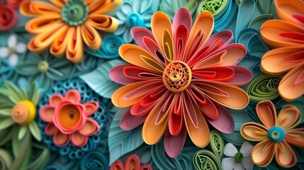 1970s Flower Power Quilling Paper Art Piece with Intricate Flowers and Vibrant Colors