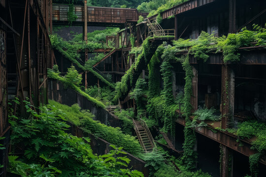 Fototapeta Abandoned coal mine overgrown with greenery