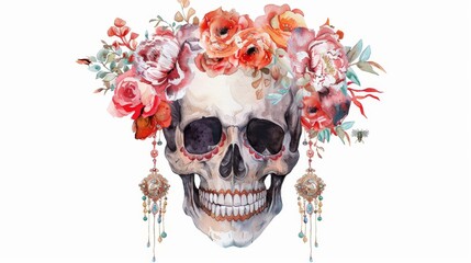 An esoteric clipart of a human skull with floral crowns and earrings. A watercolor illustration of a gothic queen wearing a mask. Day of the dead. Esoteric clipart isolated on white.