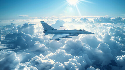 Military jet soaring in a cloud-filled bright blue sky