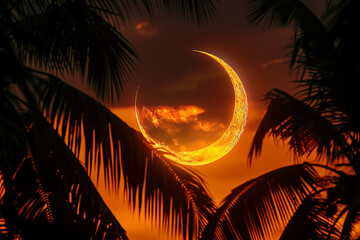 A pale moon envies the sun's warmth, hidden in the cool night - obrazy, fototapety, plakaty