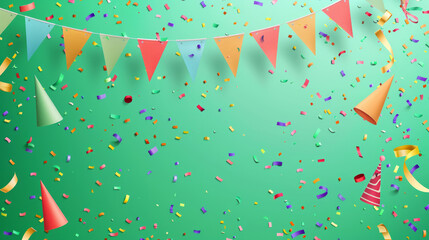 Fototapeta premium A lively party scene complete with bunting flags, party hats and star confetti, all set on rich green background