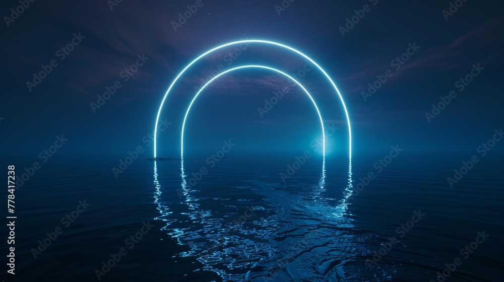 Poster the background is a 3d rendering with futuristic abstract water and square geometric arch glowing in