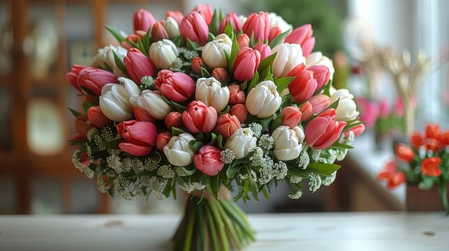  A bouquet of red and white tulips rests on the table beside another