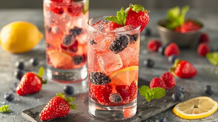 Quench your thirst with a refreshing berry and lemon concoction, perfect for a warm summer's day. - obrazy, fototapety, plakaty