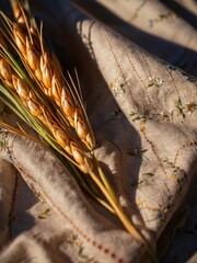 Ukrainian ears of wheat lies on a linen embroidered tablecloth. Ornament. Vivid color photograph.