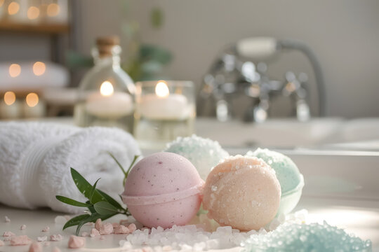 Assortment of luxurious bath bombs and salts on towel next to candlelit bathtub - Powered by Adobe